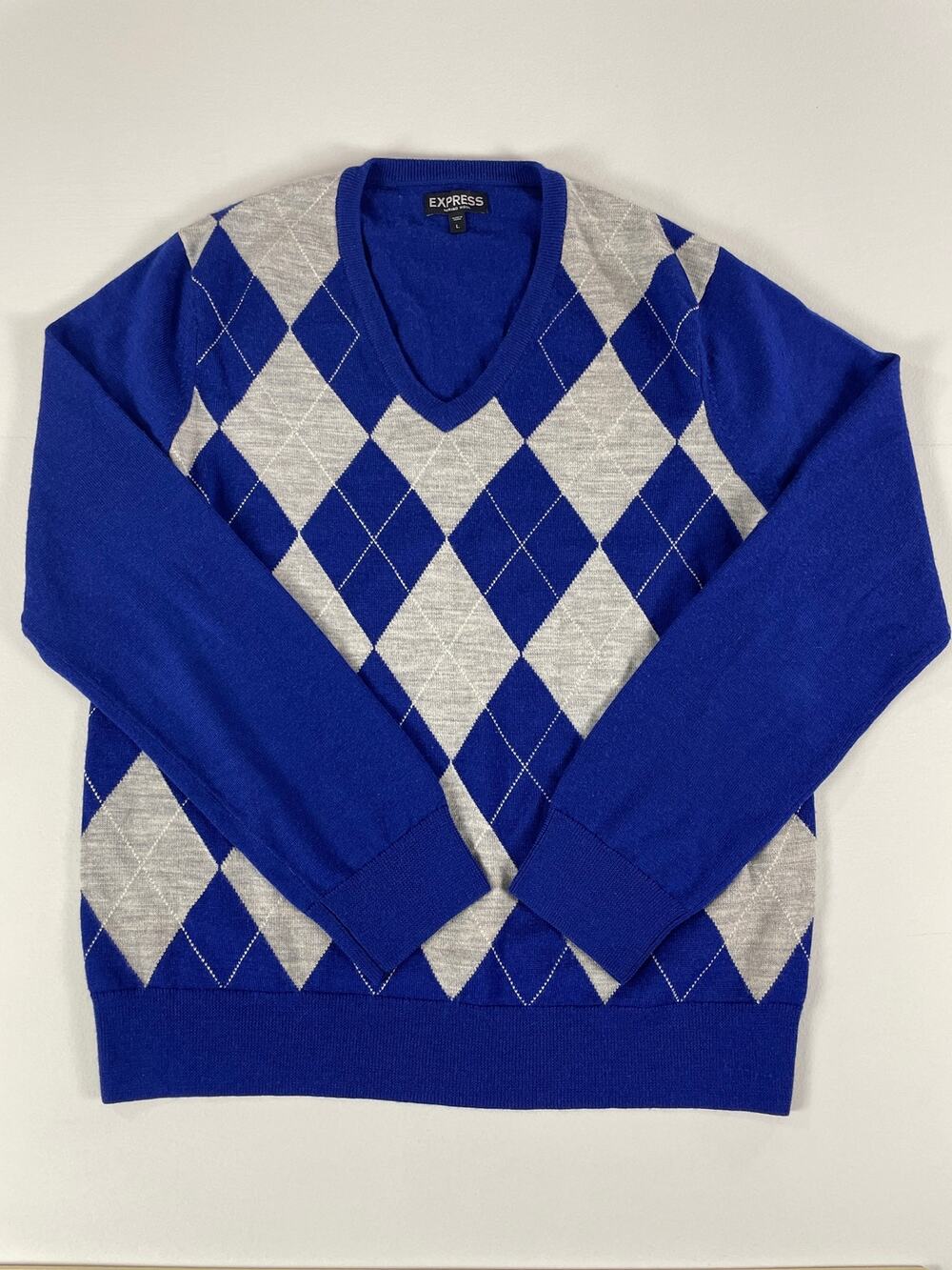 Express Blue Merino Wool Argyle V‑Neck Sweater Size L
